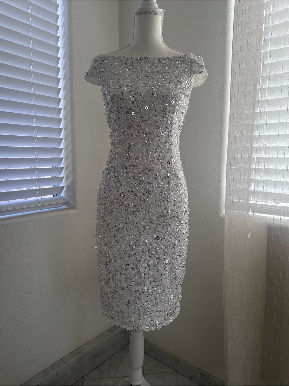 Adrianna Papell White Sequin Midi Dress
